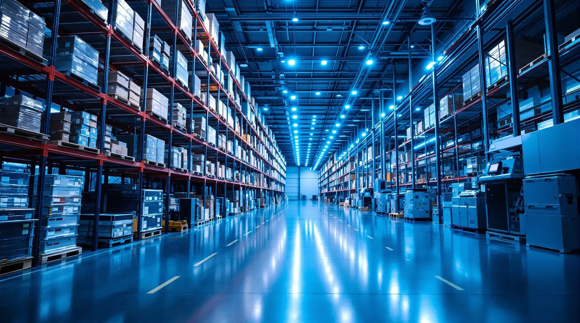 Modern warehouse logistics center with blue atmospheric lighting